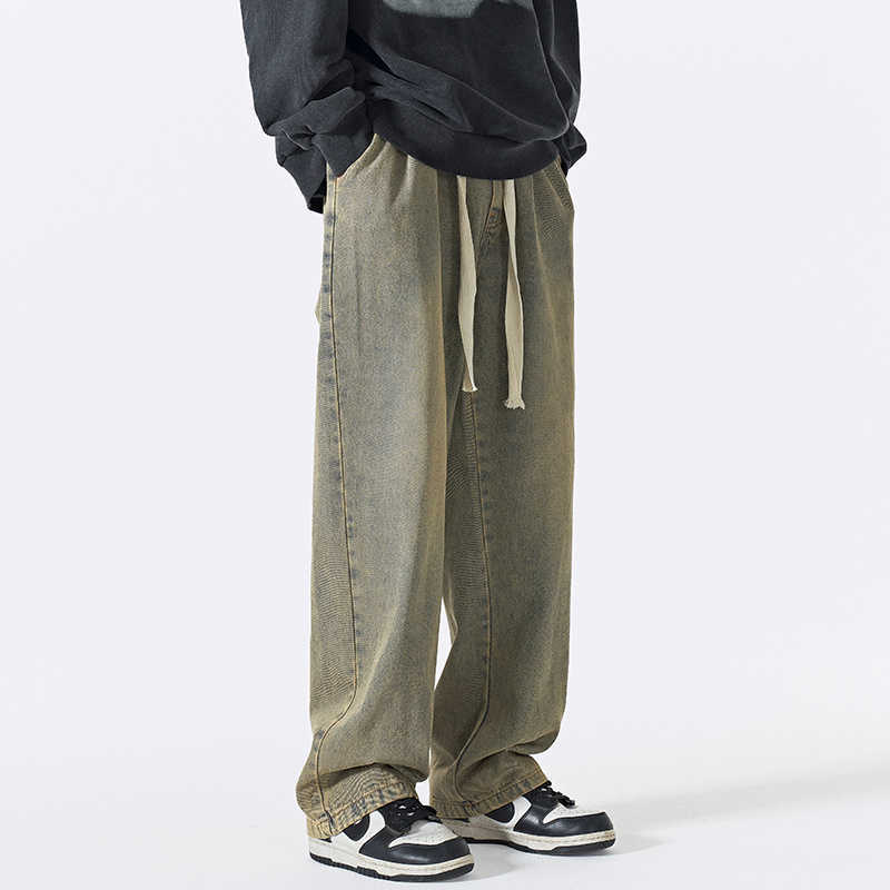Men's Jeans 4color Baggy Jeans Men Fashion Drawstring Casual Straight Jeans Men Japanese Streetwear Hiphop Loose Denim Pants Mens Trousers Z0301