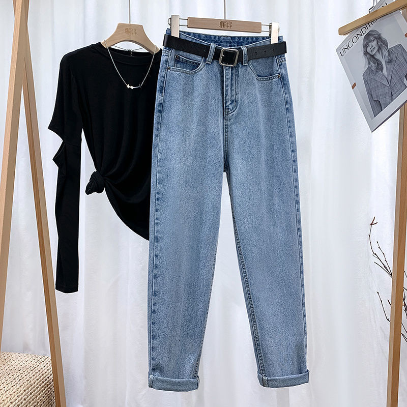 Women's Jeans Vintage Straight High Waist Jeans Women Boyfriend Mom Street Denim Jeans with Belt Loose Plus Size Jeans Mujer Retro YS9862 230308