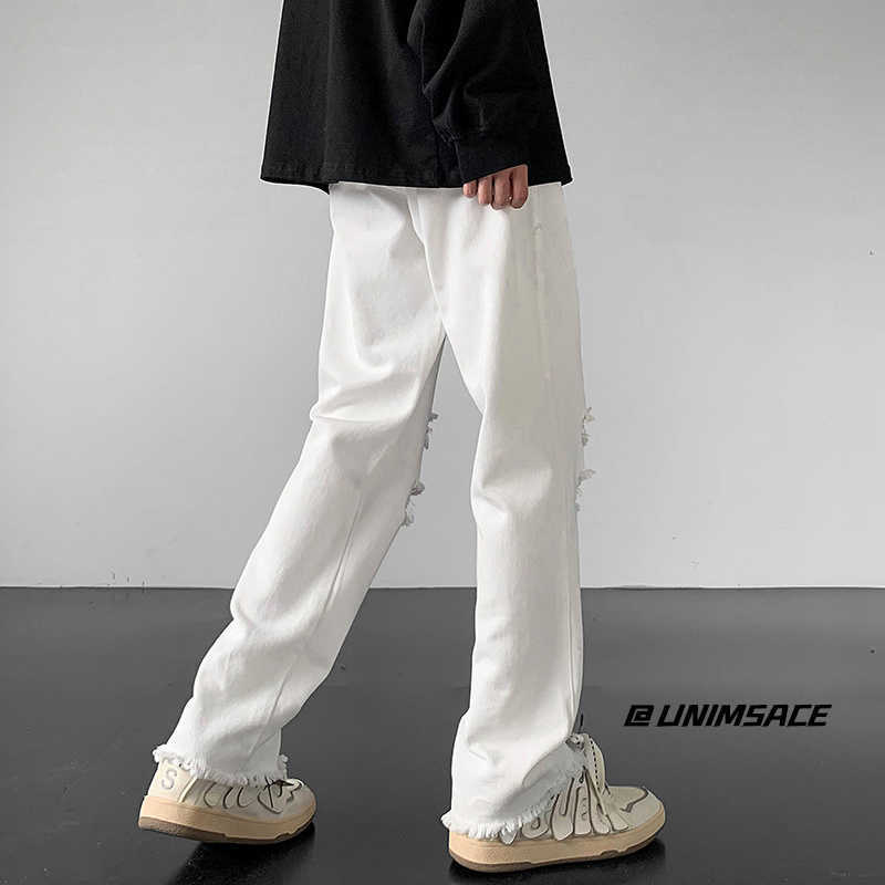 Men's Jeans White Blue Black Ripped Jeans Men Fashion Casual Straight Jeans Men Streetwear Hiphop Loose Hole Denim Pants Mens Trousers Z0301