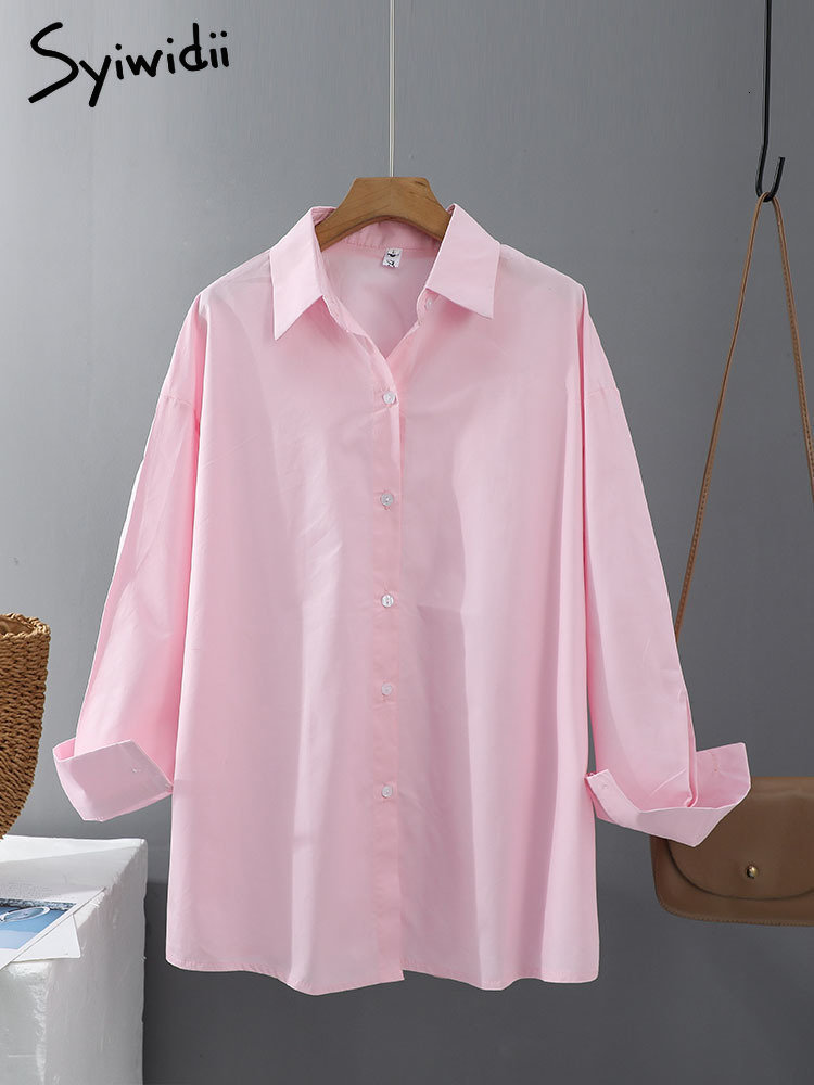 Women's Blouses Shirts Syiwidii Women Shirts Blouses Office Ladies Cotton 100% Oversize Loose Tops Pink White Blue Long Sleeve Fashion Button Up 