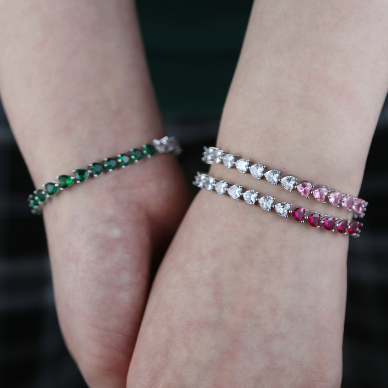New Classic Trendy Girl Women Bracelet Jewelry Gold Color Full Paved Colorful Cubic Zirconia Cz Heart Love Tennis Chain Bracelets