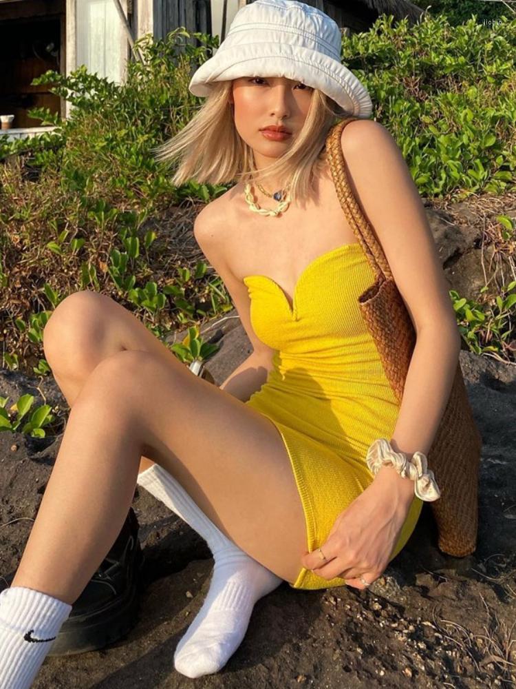 Casual Dresses Womens Sexy Off Shoulder V Neck Yellow Tube Top Dress Summer Fashion Knit Backless Strapless Gothic Holiday Party Mini