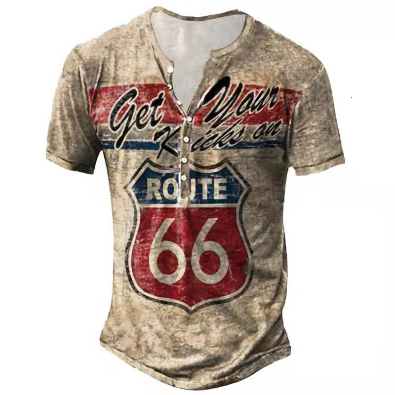 Men's T-Shirts Vintage Button 66 Route V-neck American T Shirt Short Sleeve Gothic T Shirt For Men Oversized Tops Tee Shirt Men Punk Streetwear 2