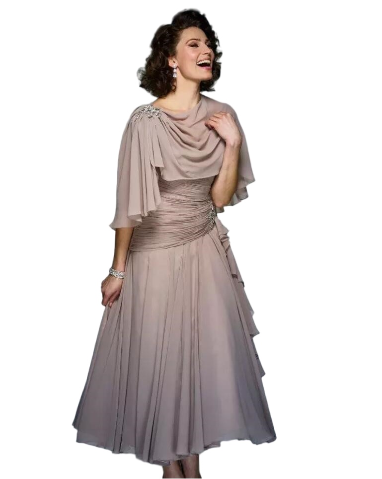 Brown Mother Of The Bride Dresses With wrap cape V Neck chiffon pleated Tea Length Wedding Guest Dress