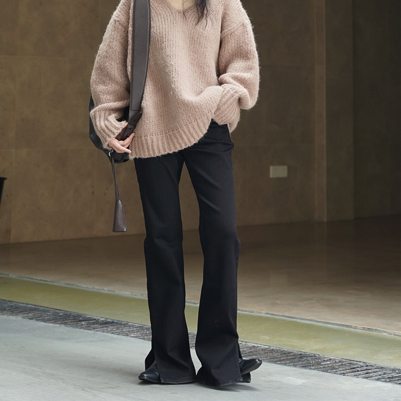 Women's Jeans Autumn and winter women's casual solid color high waist slim slit flared jeans 230308