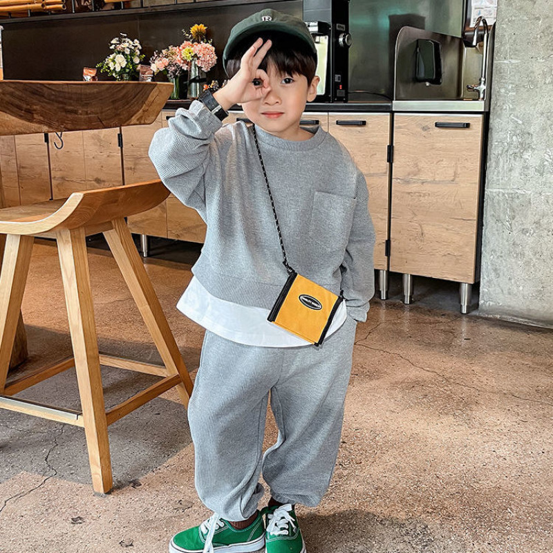 Clothing Sets 4 10 Years Old Boys Suit Spring And Autumn Thread False Two Piece Solid Color Tops Pants High Quality 230307