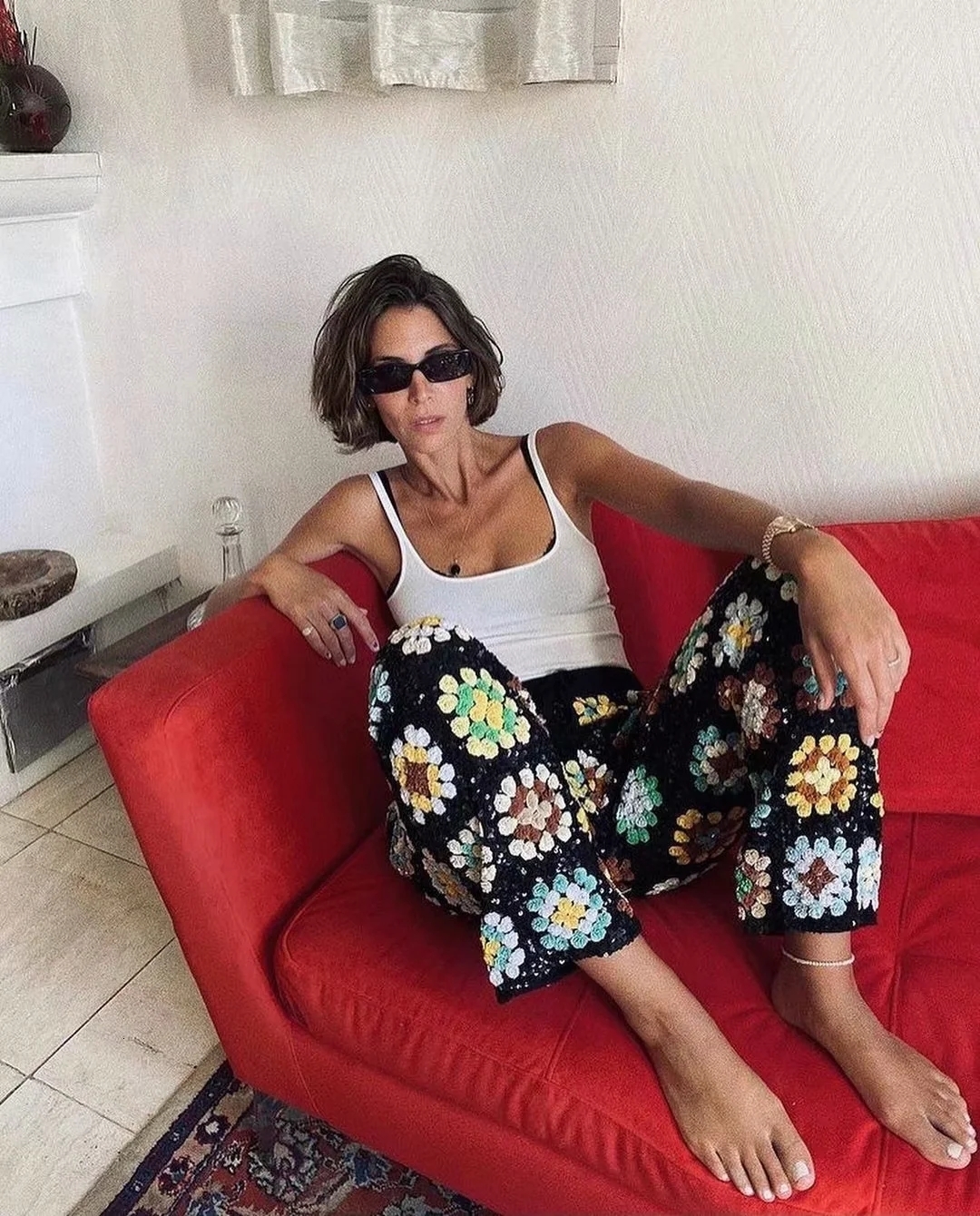 Women's Pants s Maxdutti Trouser Ins Fashion Blogger Vintage HnadMade Knitted Pant Holiday Loose Pantalones Mujer Pantalon Femme 230308