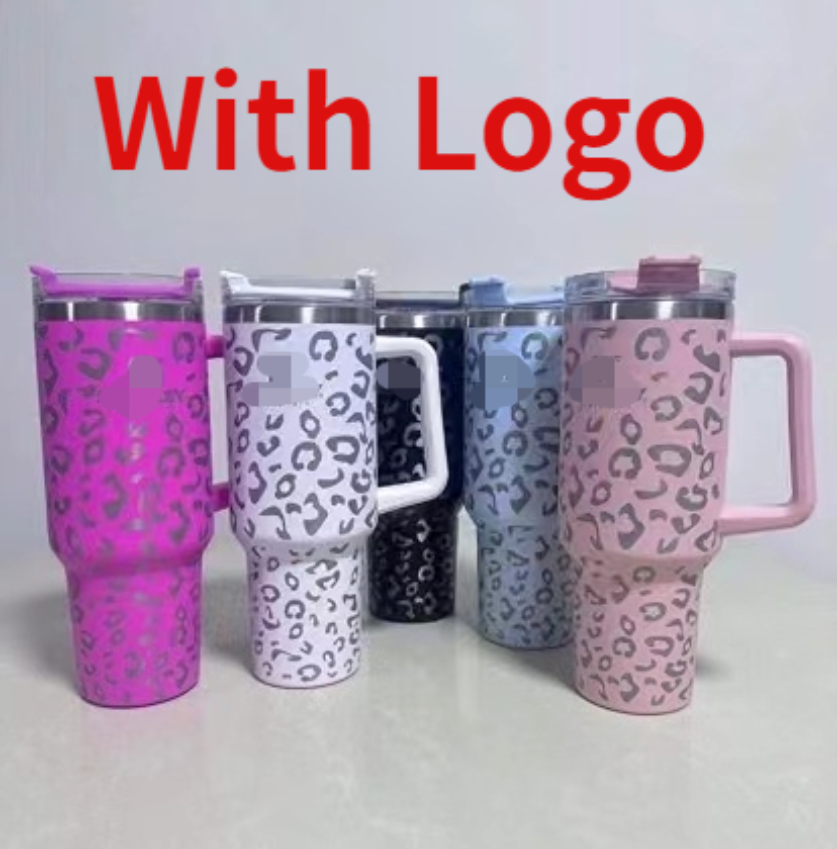 40oz Leopard Stainless Steel Tumbler with Logo Handle Lid Straw Big Capacity Beer Mug Water Bottle Outdoor Camping Cup Vacuum Insulated Drinking ss0308