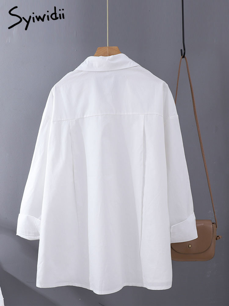 Women's Blouses Shirts Syiwidii Women Shirts Blouses Office Ladies Cotton 100% Oversize Loose Tops Pink White Blue Long Sleeve Fashion Button Up 