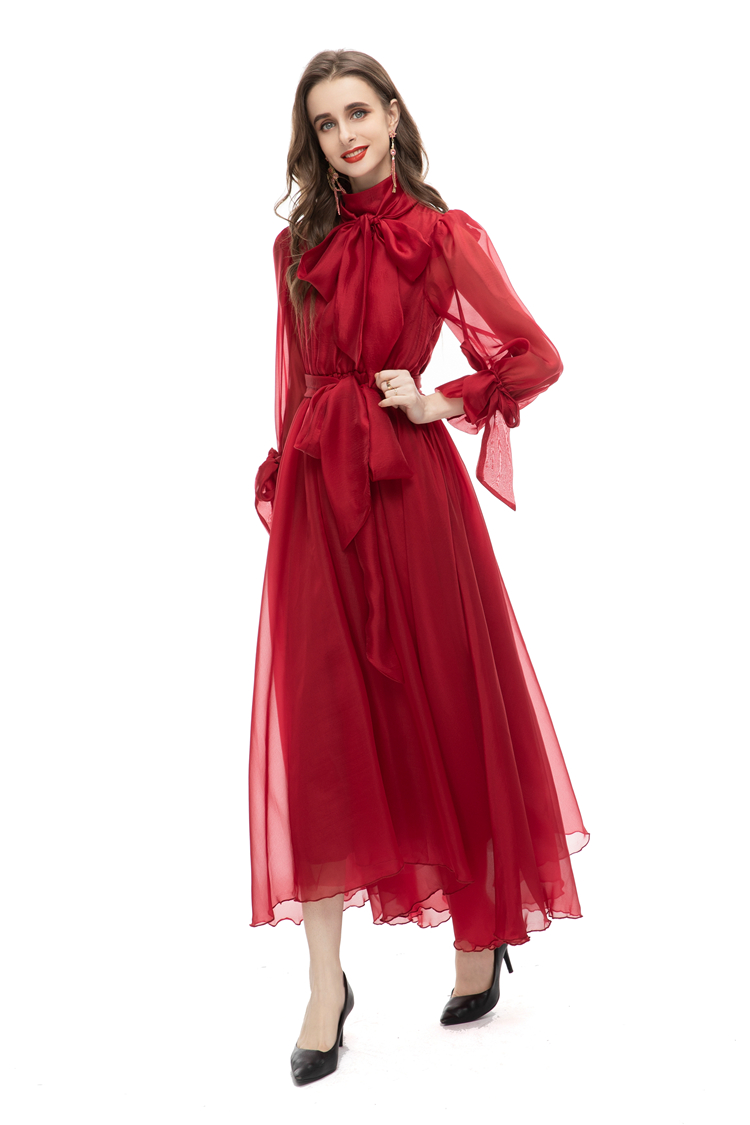 Women's Runway Dresses Lace Up Long Sleeves Elegant High Street Fashion Vestidos