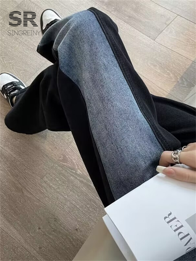 Women's Jeans SINGREINY Pocket Splice Denim Women Jeans Retro Button Zipper Casual Straight Loose Streetwear Ladies Fashion Autumn Long Pants 230