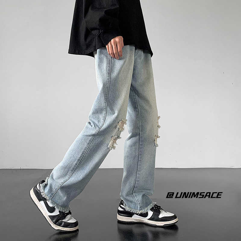 Men's Jeans White Blue Black Ripped Jeans Men Fashion Casual Straight Jeans Men Streetwear Hiphop Loose Hole Denim Pants Mens Trousers Z0301