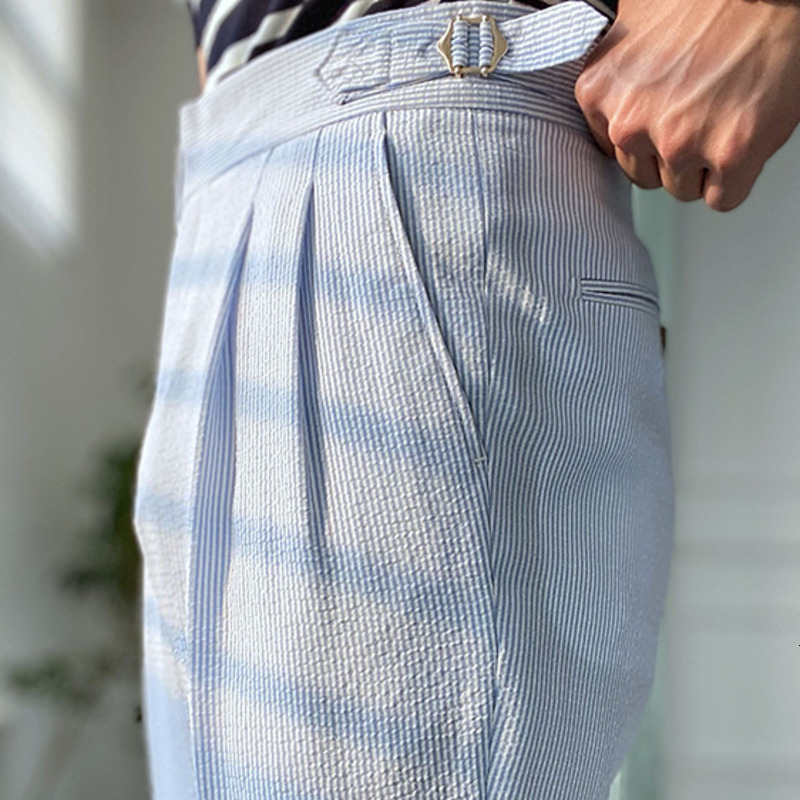 Men's Pants Spring Seersucker High Waist Straight British Petty Bourgeoisie Blue Stripe Italian Casual Trousers Men Pantalones Hombre 230307