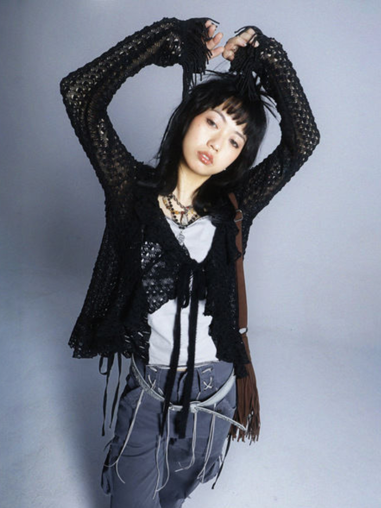 Women's Knits Tees KOSAHIKI Hollow Out Sun Protection Cardigan Y2k Aesthetic Women Summer Girl Vintage Knitwear Tassel Ruffle Jackets Punk Kardig