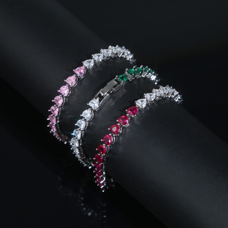 New Classic Trendy Girl Women Bracelet Jewelry Gold Color Full Paved Colorful Cubic Zirconia Cz Heart Love Tennis Chain Bracelets