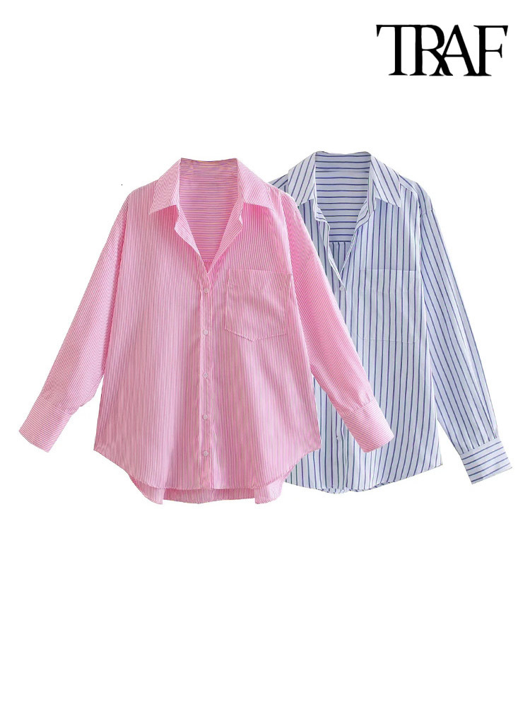 Women's Blouses Shirts TRAF Women Fashion Patch Pocket Striped Poplin Shirts Vintage Long Sleeve Button-up Female Blusas Chic Tops 230308