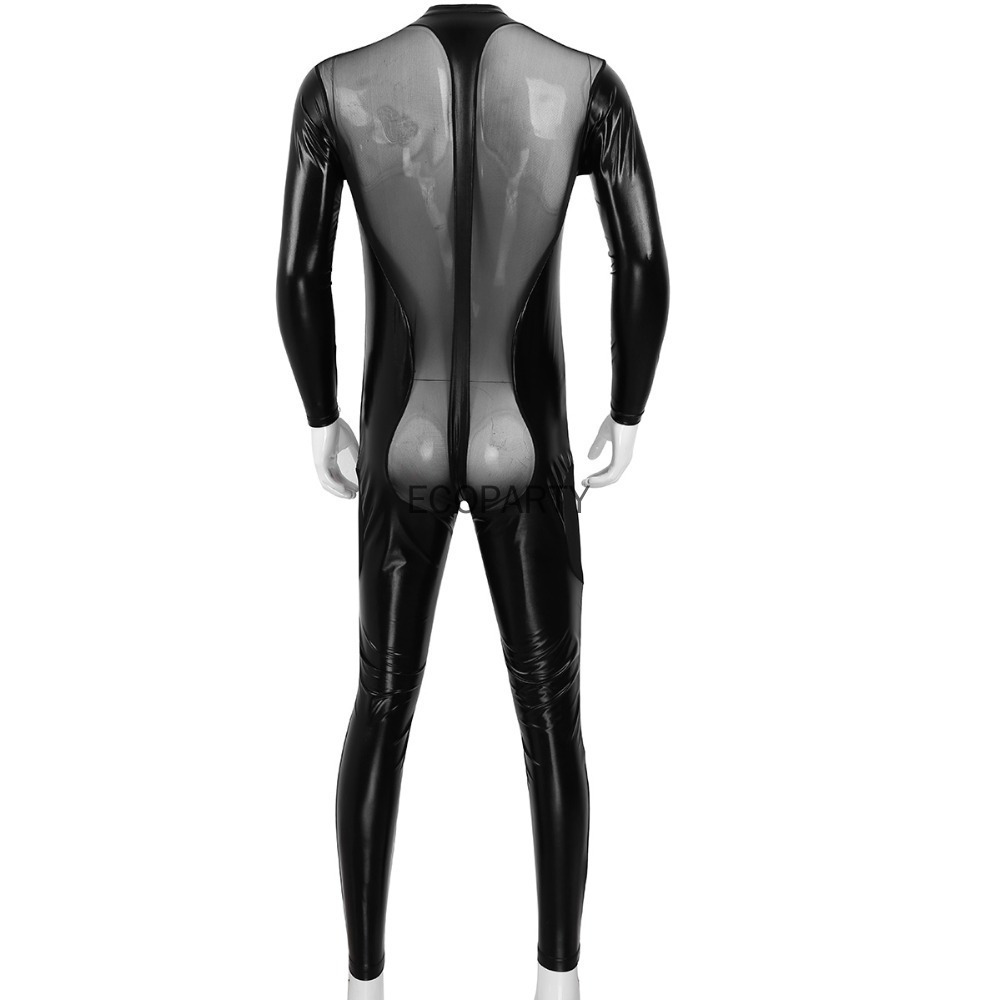 Sexy Set Men Faux Leather Stretch Catsuit Transparent Mesh Zipper Open Crotch Erotic Tight PVC Bodysuit Clubwear Fetish Costumes 230307