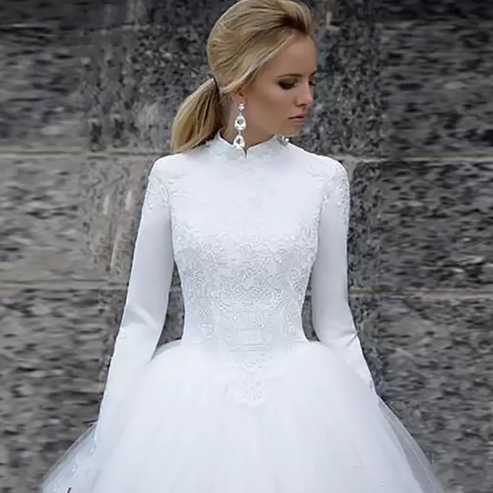 Wed Dresses Wed New Wedding Dresses Bridal Gowns A Line High Neck Long Sleeve Applique Zipper Lace Up Plus Size Custom Tulle Sweep Train