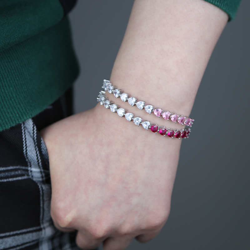 New Classic Trendy Girl Women Bracelet Jewelry Gold Color Full Paved Colorful Cubic Zirconia Cz Heart Love Tennis Chain Bracelets