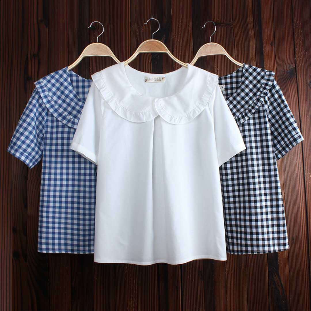 Women's Blouses Shirts Fashion Women Spring Autumn Comfortable Plaid Peter Pan Collar Shirts Female Sweet Ruffled Pleated Shirts Blouses A79 2303