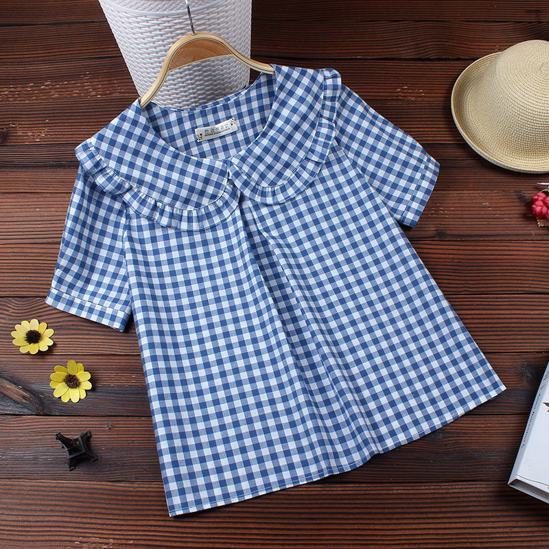 Women's Blouses Shirts Fashion Women Spring Autumn Comfortable Plaid Peter Pan Collar Shirts Female Sweet Ruffled Pleated Shirts Blouses A79 2303