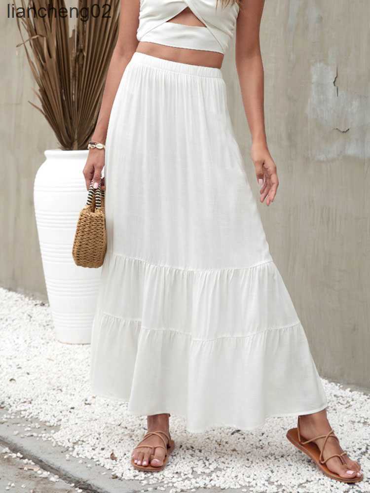 Skirts Summer Beach White Pleated Skirt Women Party Long Maxi Skirt Female Ruffle High Waist Loose A-line Skirts For Women 2022 W0308