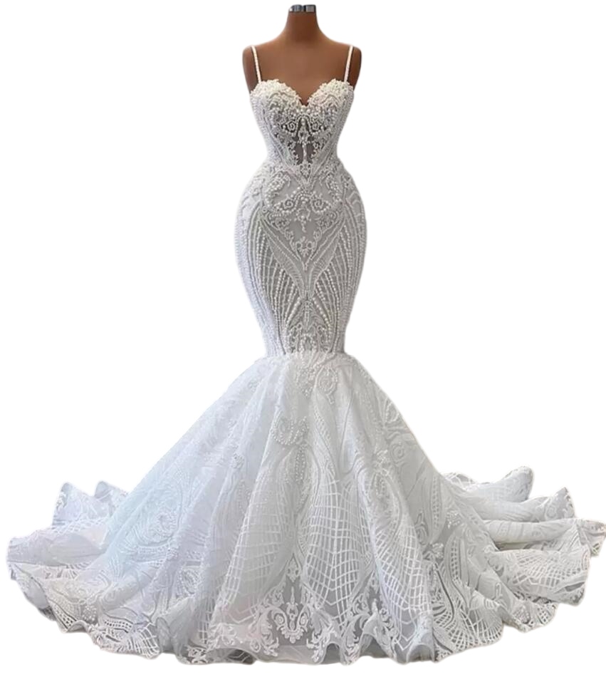 Sexy Pearls Mermaid Wedding Dresses 2023 Lace Appliques Spaghetti Straps sweetheart princess beach Bridal Gown