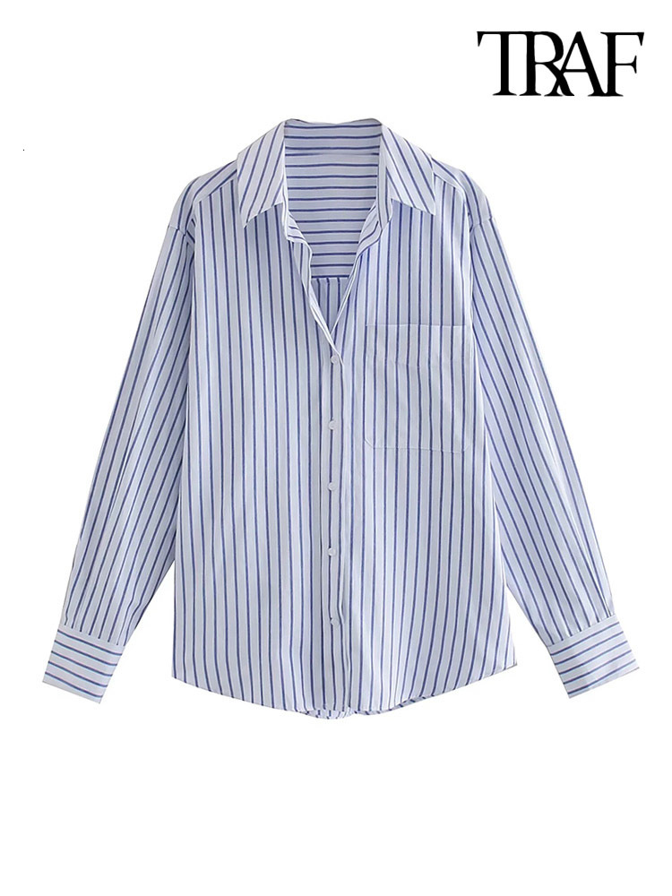 Women's Blouses Shirts TRAF Women Fashion Patch Pocket Striped Poplin Shirts Vintage Long Sleeve Button-up Female Blusas Chic Tops 230308