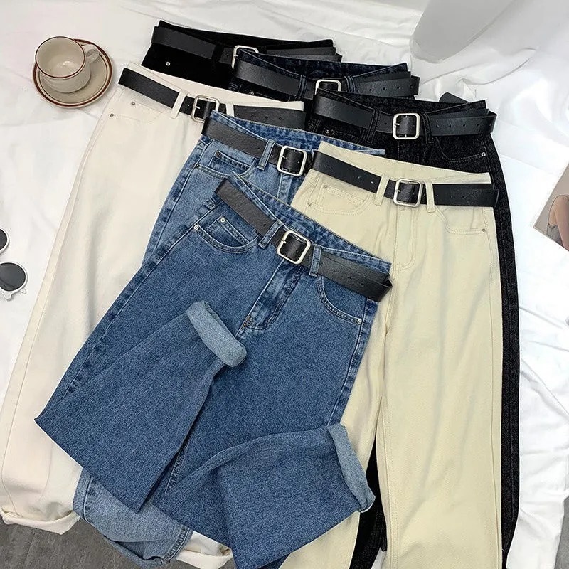 Women's Jeans Vintage Straight High Waist Jeans Women Boyfriend Mom Street Denim Jeans with Belt Loose Plus Size Jeans Mujer Retro YS9862 230308