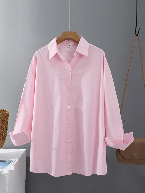 Women's Blouses Shirts Syiwidii Women Shirts Blouses Office Ladies Cotton 100% Oversize Loose Tops Pink White Blue Long Sleeve Fashion Button Up 