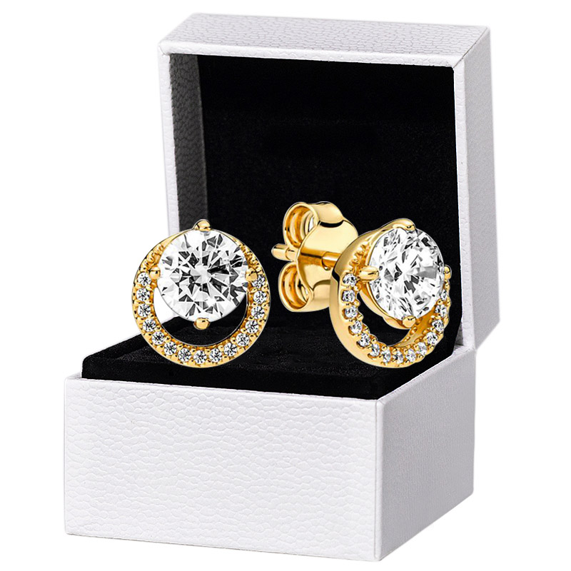 Golden Round Halo Stud Earrings Authentic 925 Sterling Silver designer Earrings Women Wedding Party Jewelry Crystal Diamond earrings with Luxurious Retail Box Set