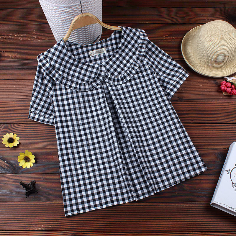 Women's Blouses Shirts Fashion Women Spring Autumn Comfortable Plaid Peter Pan Collar Shirts Female Sweet Ruffled Pleated Shirts Blouses A79 2303