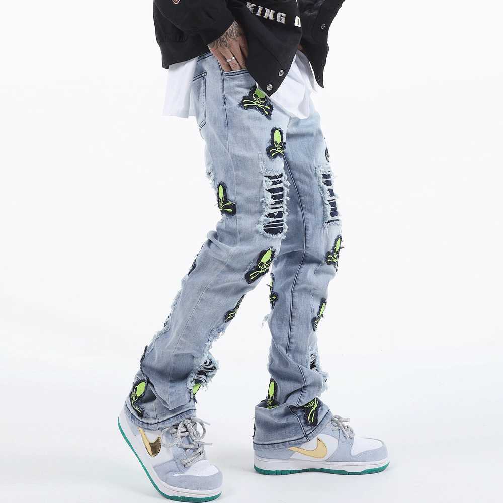 Men's Jeans Ripped Jeans Skeleton Pants Trendyol Vintage Blue Casual Punk Y2k Straight Leg Man Harajuku Men Streetwear Slim Hip Hop Jean Z0301