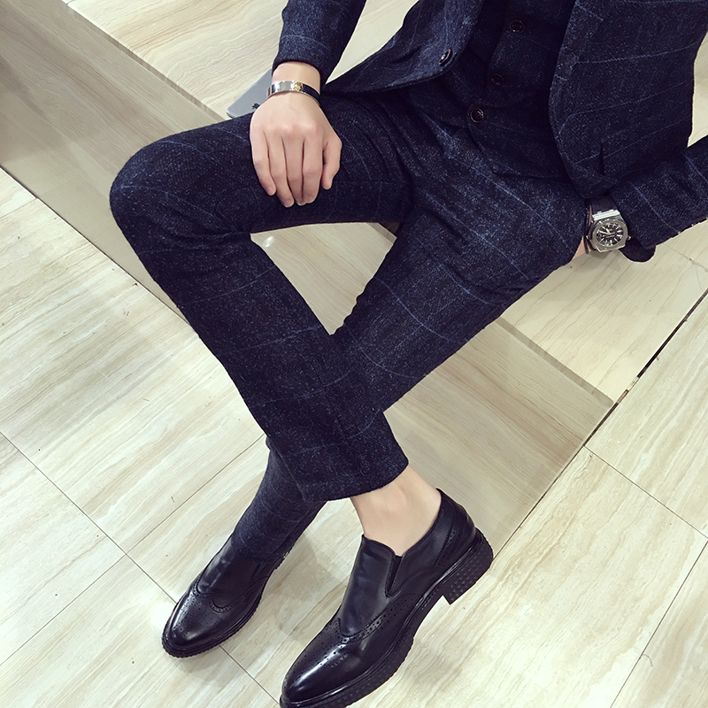 Men's Pants Autumn Winter Plaid Suit Dresse For Men Clothing Simple Business Formal Wear Slim Fit Straight Office Trousers 230307