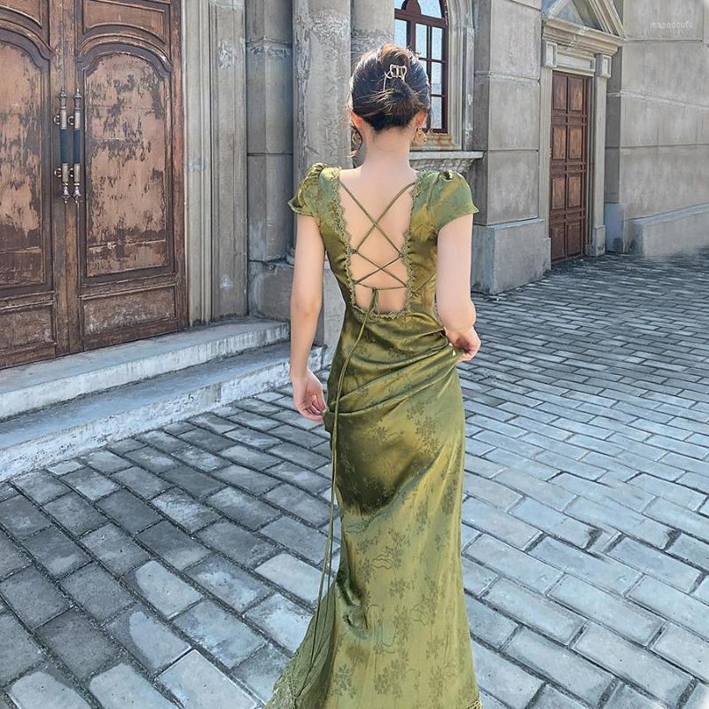 Casual Dresses Elegant Green V-Neck Satin Jacquard Dress Womens Backless Sexy Maxi Summer Ladies Vintage Vestidos Female Clothing DD158