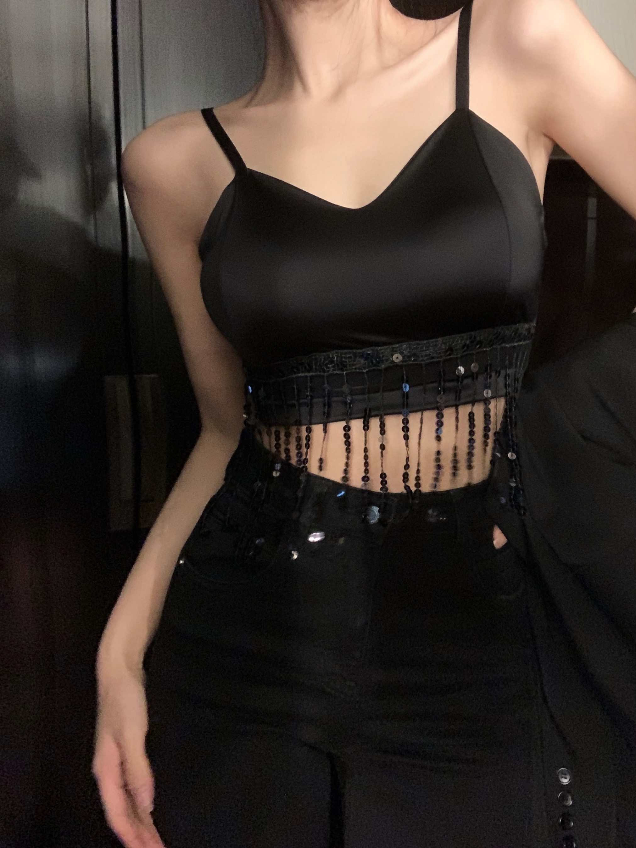 Womens sexy spaghetti strap padded bustier beading tassel bottom short tanks camis