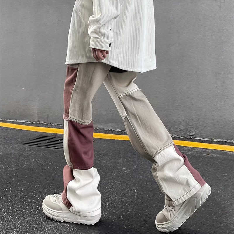 Men's Jeans 2022 New Fashion Brown Patchwork Grunge Baggy Men Jeans Trousers High Street Loose Straight Hip Hop Women Denim Pants Pantalones Z030