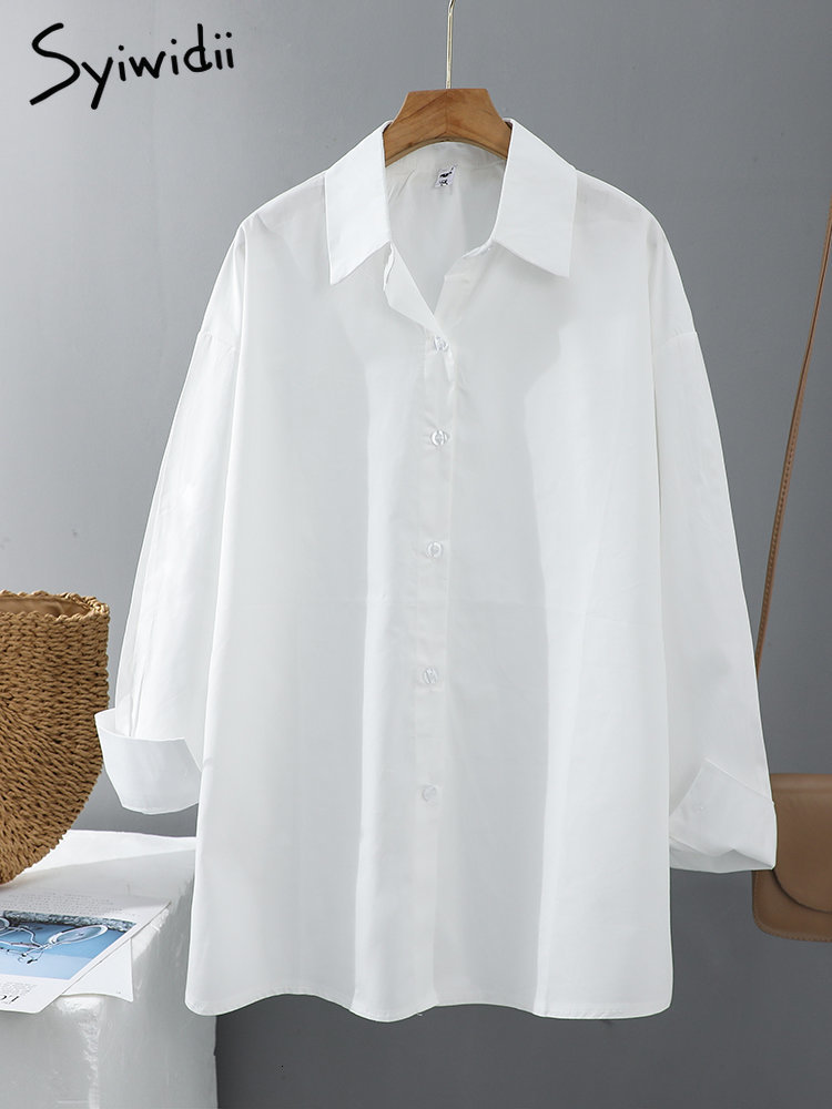 Women's Blouses Shirts Syiwidii Women Shirts Blouses Office Ladies Cotton 100% Oversize Loose Tops Pink White Blue Long Sleeve Fashion Button Up 