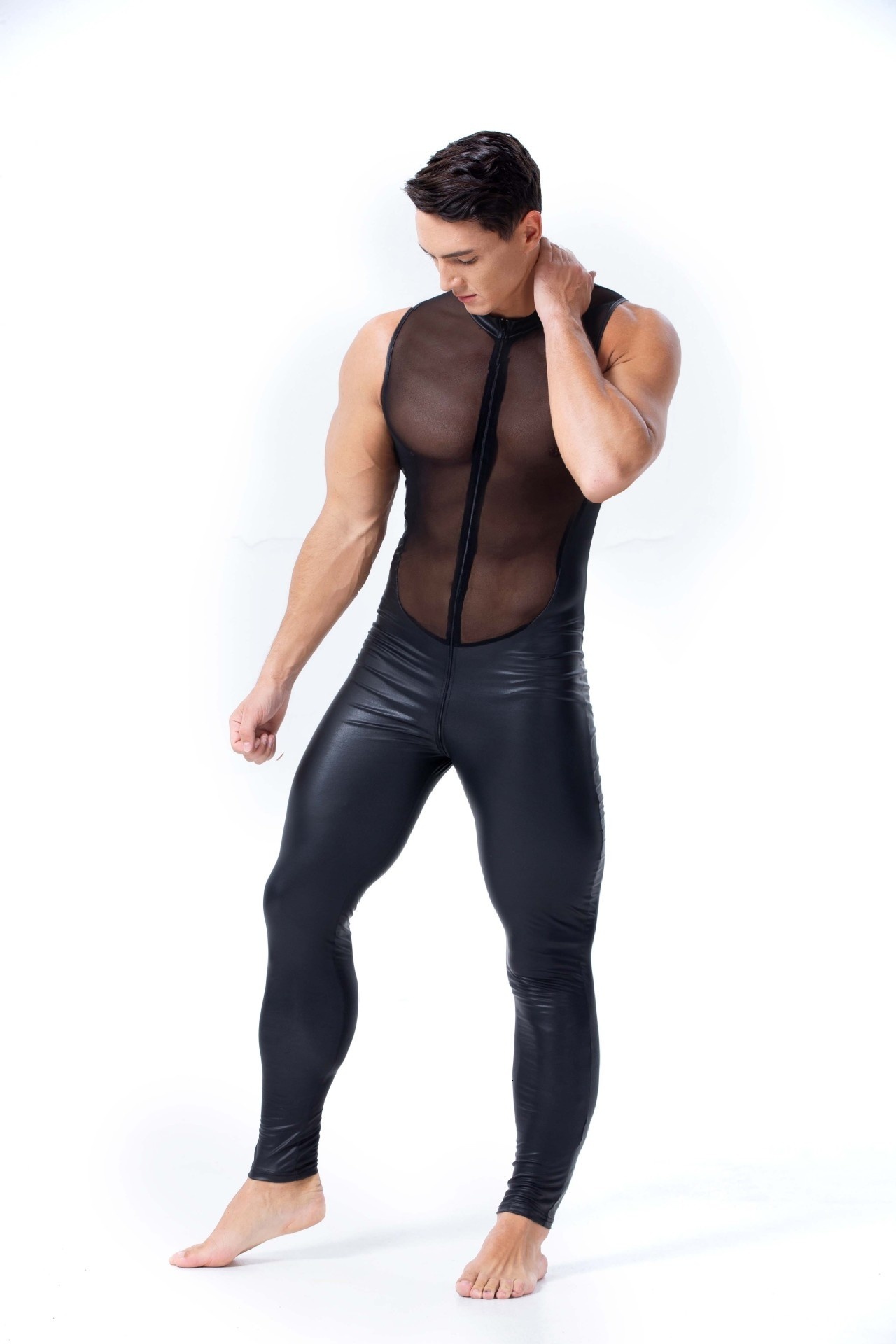 Sexy Set Men Mesh Top Stitching Leather Jumpsuit Tight Zentai suits for See through Club Wear 230307