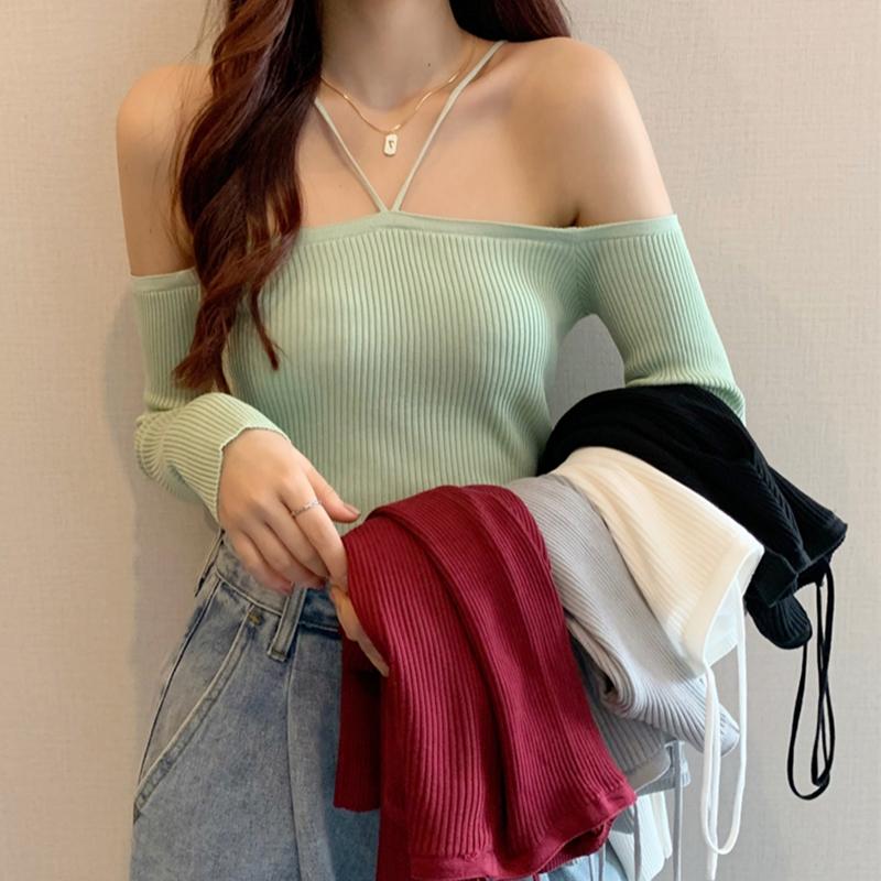 Womens Sweaters Harteen Stylish Slim Without Shoulder Crop Sweater Long Sleeve Female Chic Knitted Short Tops Soild All-match Girl TopWomen