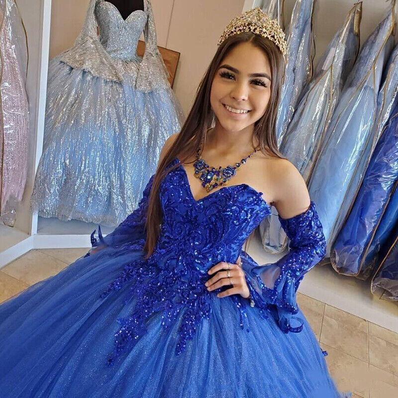 Princess Blue Quinceanera Dress Sweet 15 Dress 2023 Sparkle Sequin Tulle Shiny Prom Dresses With Sleeve Mexican Vestido De Xv Anos Robe De Bal Sweet 1