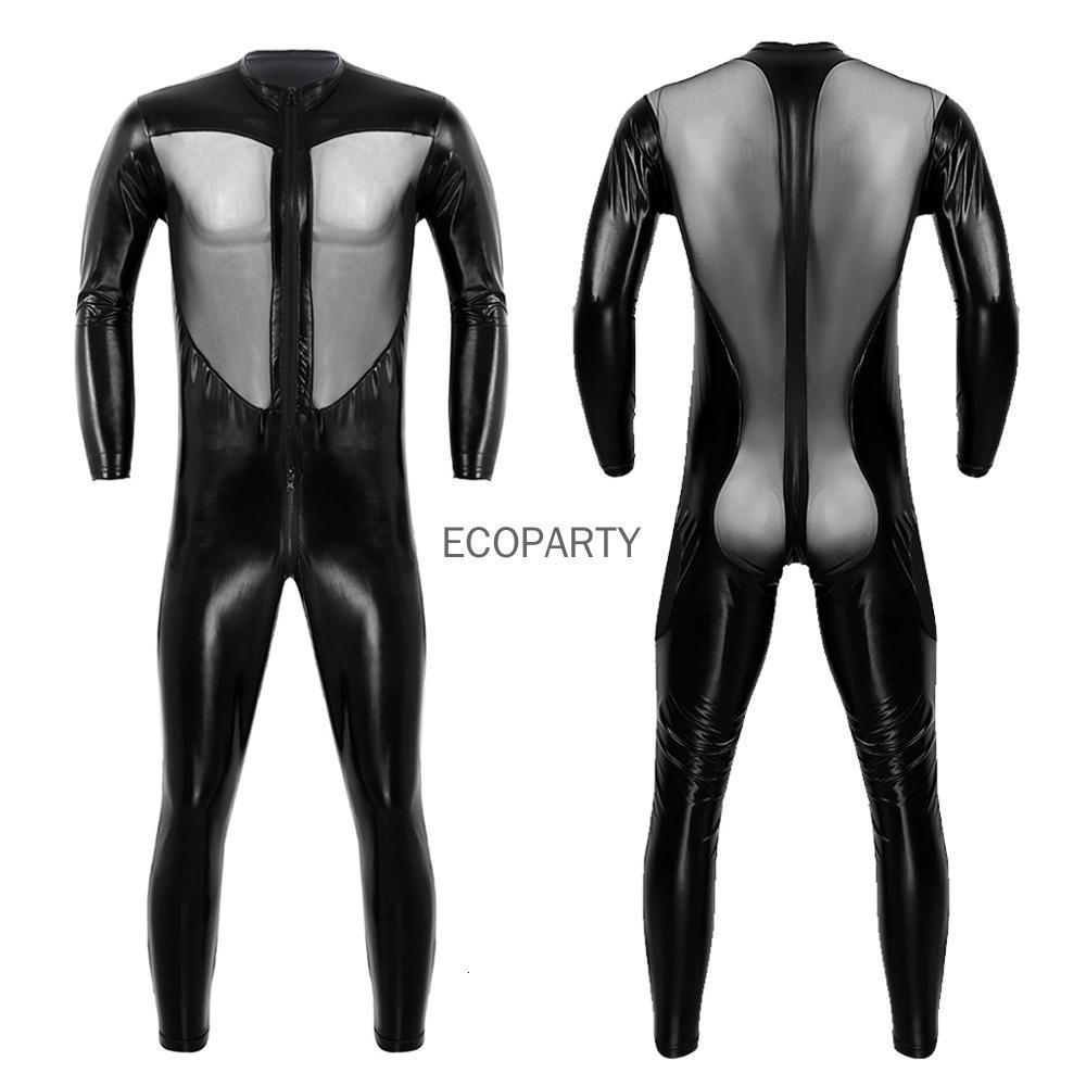 Sexy Set Men Faux Leather Stretch Catsuit Transparent Mesh Zipper Open Crotch Erotic Tight PVC Bodysuit Clubwear Fetish Costumes 230307