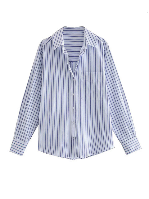 Women's Blouses Shirts TRAF Women Fashion Patch Pocket Striped Poplin Shirts Vintage Long Sleeve Button-up Female Blusas Chic Tops 230308