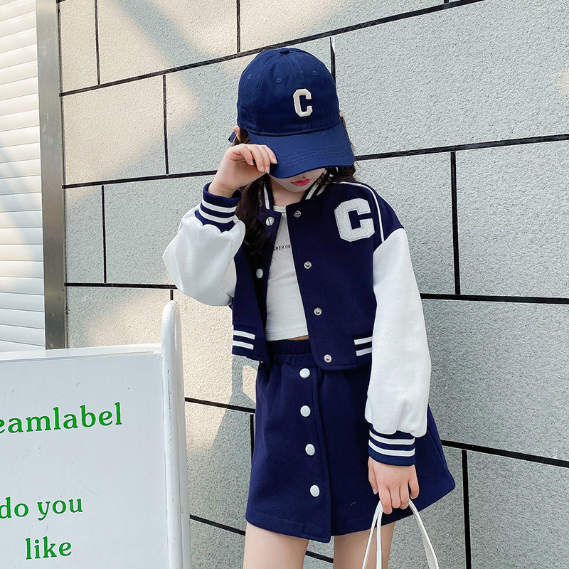 Clothing Sets Girls Skirt Spring and Autumn Sports Suit Baseball Uniform Jacket Short Two piece Korean Children s 230307