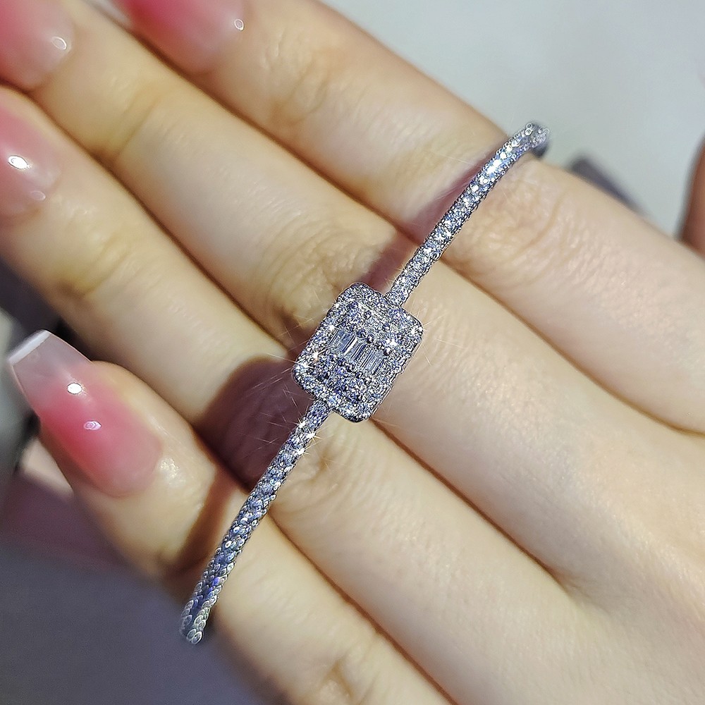 Ins Top Sell Square Bangle Luxury Jewelry 925 Sterling Silver Princess Cut White Topaz CZ Diamond Gemstones Party Women Wedding Bracelet For Lover Gif