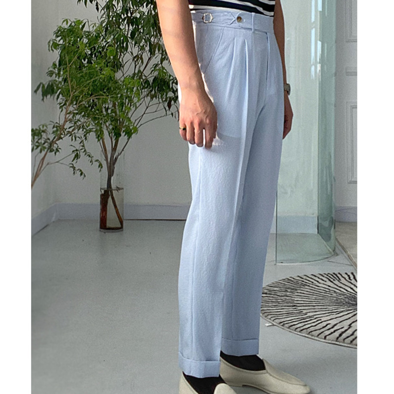 Men's Pants Spring Seersucker High Waist Straight British Petty Bourgeoisie Blue Stripe Italian Casual Trousers Men Pantalones Hombre 230307