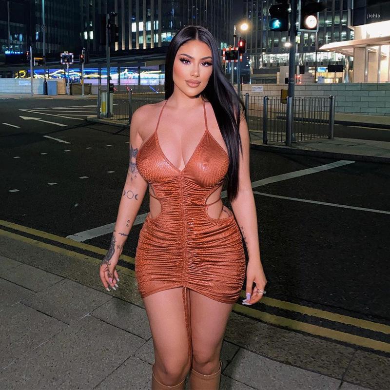 Casual Dresses ANJAMANOR Sexy Hollow Out Backless Halter Bodycon Mini For Women Party Birthday Winter Club Outfits D16-CZ18