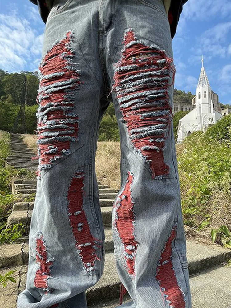 Men's Jeans HOUZHOU Y2K Ripped Patchwear Distressed Jeans Pants Men Hip Hop Punk Goth Red Denim Trousers Male Vintage Japanese Streetwear Z0301