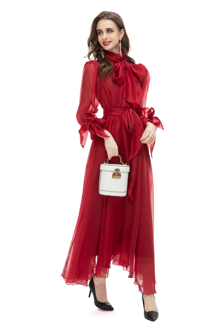 Women's Runway Dresses Lace Up Long Sleeves Elegant High Street Fashion Vestidos