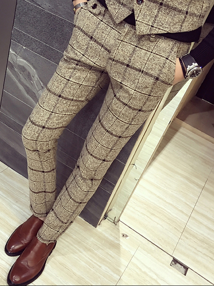 Men's Pants Autumn Winter Plaid Suit Dresse For Men Clothing Simple Business Formal Wear Slim Fit Straight Office Trousers 230307